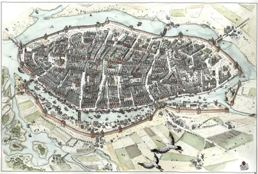 Idade Média: vista aérea da cidade de Lübeck, na Alemanha, com mapa de ruas, mostrando a sua posição geográfica numa ilha na confluência dos rios Wakenitz e Trave. Século XV. Alemanha. Ilustração de Giorgio Albertini. (A utilização deste autor w