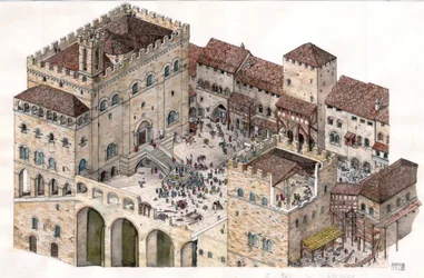 Idade Média: vista aérea da praça central da cidade de Gubbio (Úmbria), em Itália, no século XIV. O Palácio dos Cônsules é visível à esquerda.