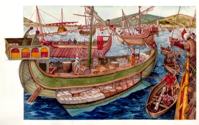 Idade Média: actividades comerciais, carregamento de barcos, no porto da cidade de Pisa. Itália Século XIII