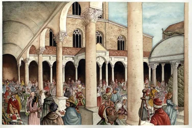 Idade Média: fideles, pelerins, comerciantes e romanos representados no século XIII no peristilo (entrada) da antiga Basílica de São Pedro de Roma (São Pedro ou Basílica de San Pietro ou Basílica de Constantino), datada do Império Romano, Roma