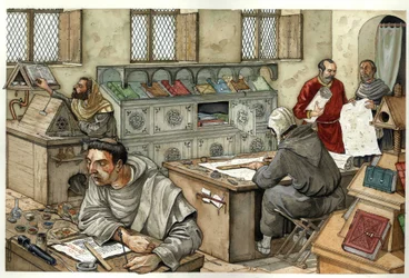 Idade Média: monges a copiar manuscritos num scriptorium no século XIII. Ilustração de Giorgio Albertini.