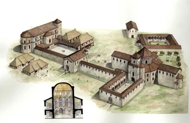 Idade Média: visão geral e corte transversal reconstruindo o palácio de Carlos Magno (ca. 742-814) realizado pelo arquiteto Eudes de Metz por volta de 794 em Aachen (Aachen), Alemanha. Ilustração de Giorgio Albertini. (A utilização das obras deste autor nã
