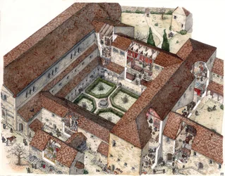Idade Média: reconstituição de um mosteiro e da vida de freiras ou monges. Os cortes permitem ver as cenas interiores. Ilustração de Giorgio Albertini. (A utilização das obras deste autor não está sujeita a um pedido de autorização de terceiros.
