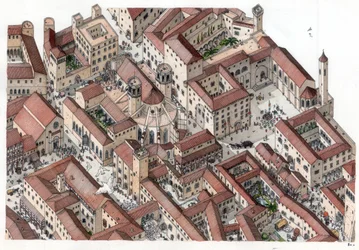 Idade Média: reconstituição do bairro histórico Barri Gotic (bairro gotico) de Barcelona no século XIV. É visível a Catedral de Santa Eulália. Espanha Ilustração de Giorgio Albertini. (A utilização das obras deste autor não é permitida)