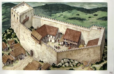 Idade Média: reconstrução do castelo cátaro de Montsegur (concluído no século XIII), Ariege, França.