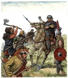 Idade Média: cena da Batalha de Roncesvales (País Basco espanhol), um cavaleiro franco do exército de Carlos Magno enfrenta os mouros em 778. Século VIII. Ilustração de Giorgio Albertini.