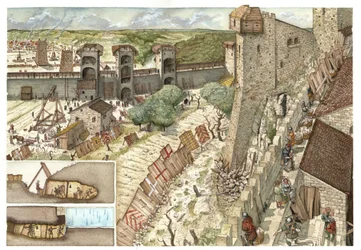 Idade Média: cerco da cidade de Viterbo (Viterbo), perto de Roma, cobiçada pelos Guelfos, apoiantes do Papa, e pelos Gibelinos, apoiantes do exército do imperador Frederico II Hohenstaufen (1194-1250), em 1240. Itália. Em baixo, à esquerda, uma descrição d