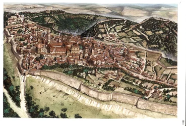 Idade Média: vista da cidade medieval de Volterra, rodeada de muralhas, no século XIV. Toscana. Itália Ilustração de Giorgio Albertini. (A utilização das obras deste autor não está sujeita a um pedido de autorização de terceiros nem a uma autorização de te