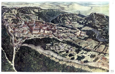 Idade Média: vista da cidade medieval de Volterra, rodeada de muralhas, no século X. Toscana. Itália Ilustração de Giorgio Albertini. (A utilização das obras deste autor não está sujeita a um pedido de autorização de terceiros nem a uma autorização de terc
