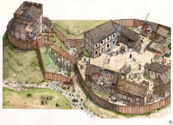 Idade Média: aldeia construída à beira de um rio, muralhas de madeira e uma torre fortificada. Século XI