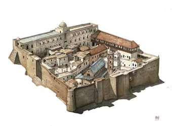 Vista geral do mosteiro ortodoxo de Santa Catarina do Sinai, no Egito. Ilustração de Giorgio Albertini. (A utilização das obras deste autor não está sujeita a um pedido de autorização de terceiros nem ao pagamento de taxas adicionais).