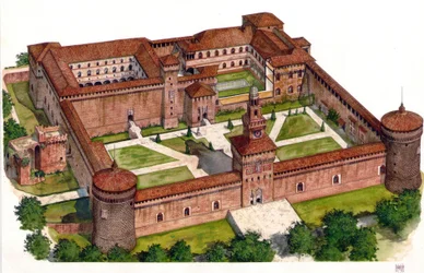 Vista geral do castelo da fortaleza Sforza (Castello Sforzesco) construída pelo Duque Francesco Sforza no século XV em Milão, Itália.
