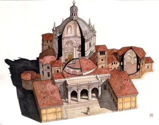 Arte paleocristã: visão geral e secções que permitem ver o interior da cúpula, as capelas, a basílica de San Lorenzo (São Lourenço), fundada no final do século IV Milão, Itália Ilustração de Giorgio Albertini. (A utilização do nome deste autor