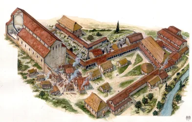 Arte pré-romana: vista aérea do mosteiro de bênção de São Vicente (São Vicente) de Volturno (Abbadia di San Vincenzo al Volturno) fundado no século VIII. Castel san Vincenzo, Itália Ilustração de Giorgio Albertini. (A utilização da obra deste autor