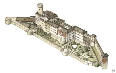 Reconstrução do castelo de Buonconsiglio, antiga residência dos príncipes eveques de Trento. Itália Ilustração de Giorgio Albertini. (A utilização das obras deste autor não está sujeita a um pedido de autorização de terceiros nem ao pagamento de uma taxa d