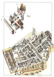 Reconstrução com vista ao corte das zonas subterrâneas onde se situa o piso de serviço (casas domésticas, casas de banho, cozinha, cavalariças) no palácio ducal da cidade de Urbino, em Itália. Foi construído pelo Duque Federico da Montefeltro (Frederic de 