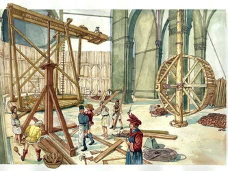 Renascimento: reconstrução do local de construção da cúpula da igreja de Santa Maria del Fiore (Duomo) segundo os planos do arquiteto Filippo Brunelleschi. 1436. Florença, Itália Ilustração de Giorgio Albertini. (A utilização das obras deste autor não é pe