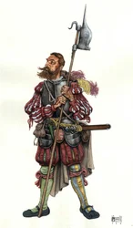 Representação de um Lansquenet (Lanzknecht), um mercenário alemão, ao serviço de um senhor. Século XVI