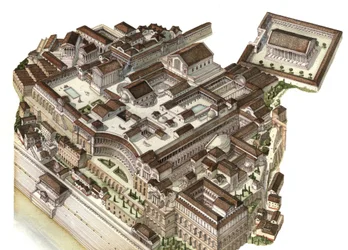 Antiguidade romana: reconstrução do monte Palatino (colina Palatino) no século IV, onde os sucessivos imperadores Augusto, Nero e Septímio Severo construíram os seus respectivos palácios. Roma, Itália