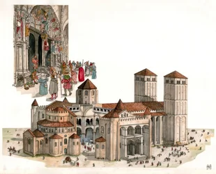 Arte românica: panorâmica da Catedral de Santiago de Compostela, construída nos séculos XI e XII, em Santiago de Compostela, Espanha.