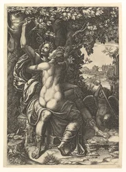 Angélica e Medoro, o casal se abraçando, Medoro gravando seus nomes na casca de uma ..., ca. 1570