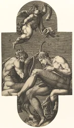 Apollo, Pan, e um putto soprando um chifre, de uma série de oito composições depois da França..., década de 1560.