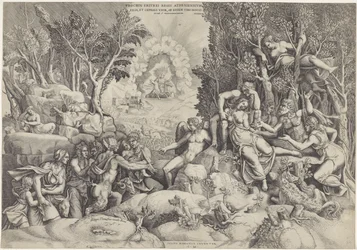 Cephalus en de Bosgoden beweenen de dood van Procris Prócrino do rei de Atenas / Filha e esposa de Céfalo, pelo mesmo marido sem saber (título no objeto)