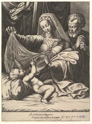 Madona de Loreto, a Virgem levanta um véu sobre a Criança, que se deita em uma cama e travesseiro ..., 1575.