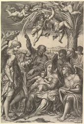 Descanse na fuga para o Egito, a Sagrada Família, debaixo de uma palmeira cercada por anjos, ponha ..., 1578.