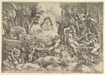 A morte de Procris, Cephalus lamentou a morte de Procris à direita, cercada por ..., ca. 1540