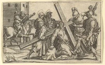 A Virgem das Dores: Cristo carregando a cruz, um dos nove compartimentos ao redor de ..., em 1575.