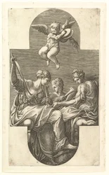 Três musas e um Putto com pratos, uma composição cruciforme, de uma série de oito com ..., 1560s.