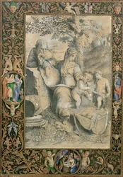 Fronteira de um Manuscrito Iluminado Em torno de um desenho depois da Família Sagrada de Rafael sob o Carvalho (atribuído a Clovio),