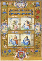 Os quatro evangelistas, dentro de uma fronteira de flores, pássaros e insetos