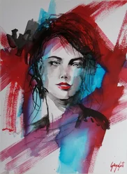 Retrato Expressivo em Vermelho e Azul