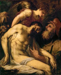 Cristo morto, amparado por um anjo e por José de Arimateia ... (pintura sobre tela)