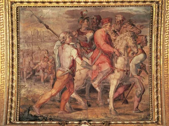 Cosimo I partindo para o exílio, fresco de Giorgio Vasari (1511-1574). Salone dei Cinquecento (Salão dos Cem), Palazzo Vecchio, Florença. Itália