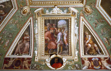 Detalhe da sala de Cosimo de Medicis representando a si mesmo com Sante Bentivoglio, governador da cidade de Bolonha (fresco