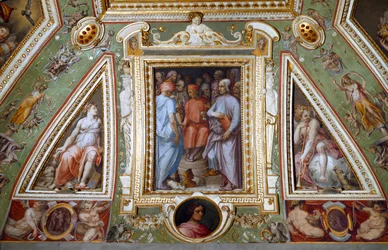 Detalhe da sala de Cosimo de Medicis representando a si mesmo com artistas e intelectuais (fresco