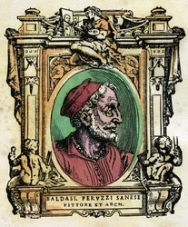 Retrato de Baldassarre Peruzzi (1481-1536) Arquiteto e pintor sienês Gravura de "As Vidas" de Giorgio Vasari (1511-1574) 1568 ©Fototeca Gilardi/Leemage