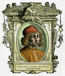 Retrato de Filippo Lippi (1406-1469) pintor florentino. Xilografia de "A vida dos pintores" de Giorgio Vasari.