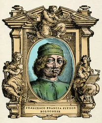 Retrato de Francesco FRANCIA (1450- 1517) pintor italiano. Gravura do tratado "" Vive dos mais excelentes pintores, escultores e arquitectos "" (Le Vite de