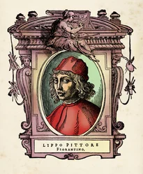 Retrato de Lippo di Benivieni (século XIII-14) Gravura de "As Vidas" de Giorgio Vasari (1511-1574) 1568