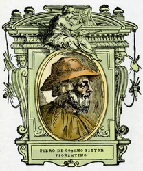 Retrato de Piero di Cosimo (c.1462-1521?) , pintor florentino. Gravura do deleite "" Vidas dos mais excelentes pintores, escultores e arquitectos "" (Le Vite de