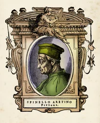 Retrato de Spinello Aretino (ne Spinello di Luca Spinelli) (1350-1410) Gravura de "" Vidas "" de Giorgio Vasari (1511-1574) 1568