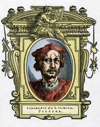 Retrato de Vincenzo TAMAGNI (Vincenzo da San Gimignano) (1492-1530) Pintor italiano. Gravura do prazer "" Vive dos mais excelentes pintores, escultores e arquitectos "" (Le Vite de