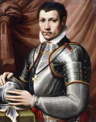 Retrato de um cavaleiro de Malta, com metade do comprimento, de armadura, segurando um capacete sobre uma mesa, uma cortina atrás,