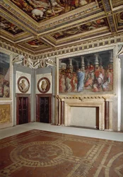 Vista da sala do papa Leão X com um quadro representando a si mesmo durante a eleição dos cardeais (fresco