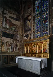 Capela de Baroncelli, políptico Baroncelli acima do altar, ca. 1328, de Giotto (1267-1337), tempera e ouro sobre painel, Basílica de Santa Croce, Florença. Itália