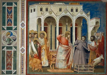 Expulsão de comerciantes do Templo, Detalhe da Vida e Paixão de Cristo, por Giotto